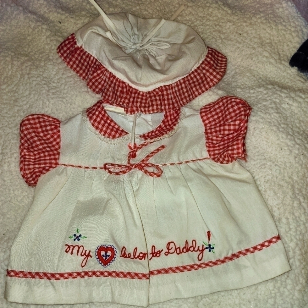 CANTON Brothers Cotton Candy baby or babydoll dress red white checkered w Bonnet